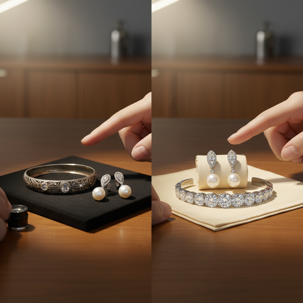 Comparing existing jewellery with new options during an exchange consultation