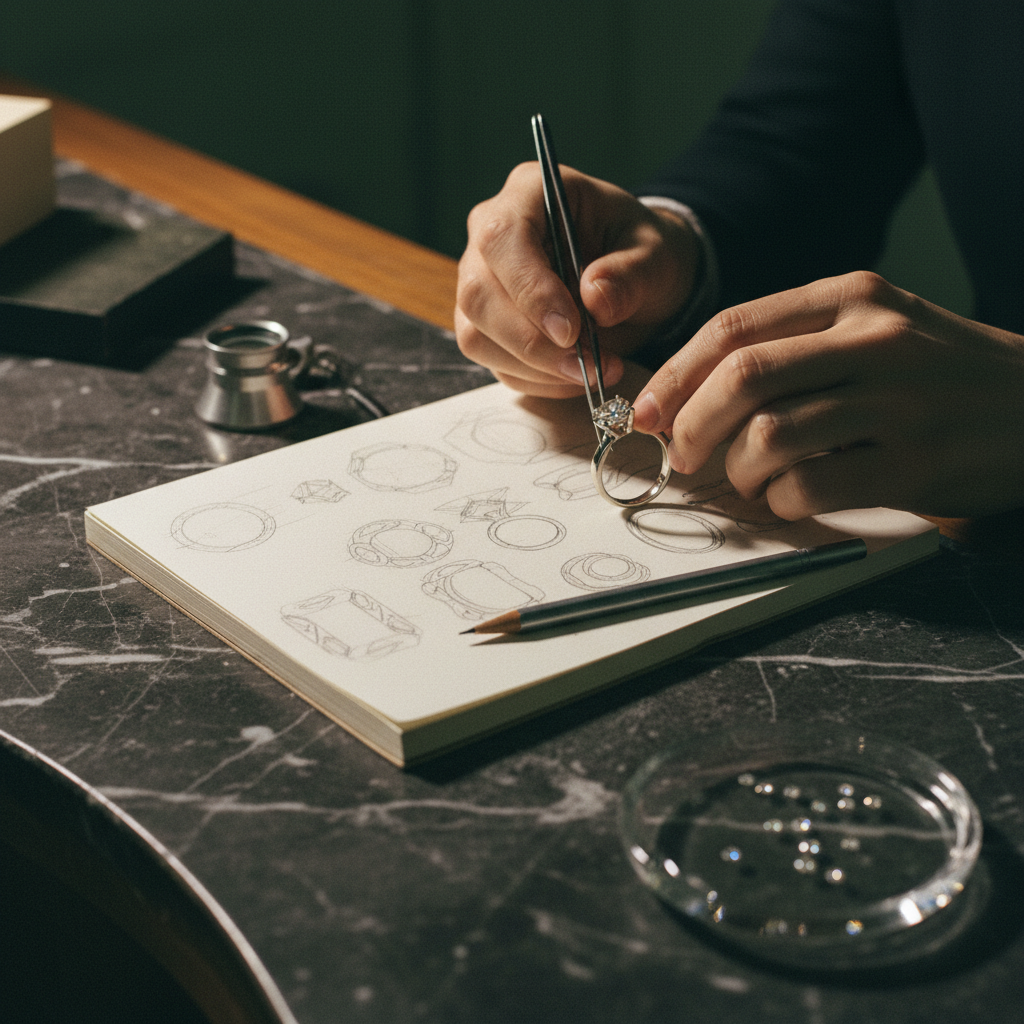Jewellery design sketches and craftsmanship at the bench
